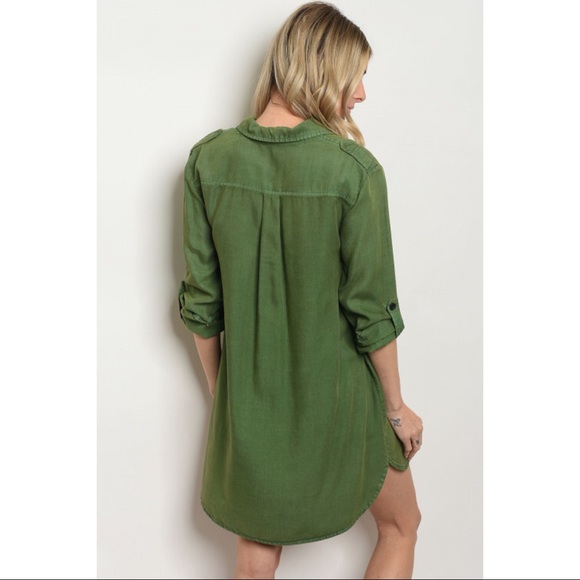 Green Button Front Military Shirt Dress - Picture 3 of 4